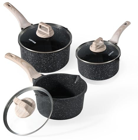 CAROTE Juego de sartenes antiadherentes negras para leche con mango de madera, 3 cacerolas pequeñas (16/18/20 cm) + tapas de vidrio, boquillas antigoteo, compatible con inducción y revestimiento