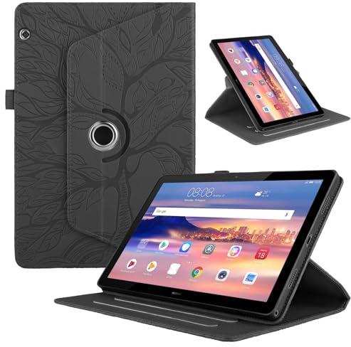 TEDTIKJT Hülle für Huawei MediaPad T5 10.1 2018 Schutzhülle Schwarz Baum | Flip-Tasche Schutzhülle PU Leder 360°Drehbar Multi-Winkel Ständer Flip Cover für Tablet Huawei MediaPad T5 10.1 2018 Hülle