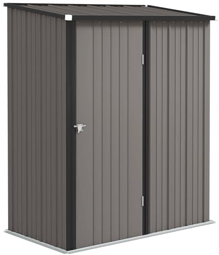 Outsunny 5ft x 3ft Lean to Garden Shed, Metal Outdoor Storage Shed with Single Lockable Door, Tool Storage Shed for Garden, Patio, Light Grey