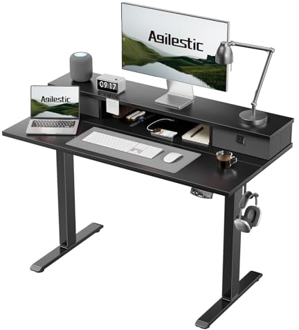 Agilestic Electric Adjustable Height Desk, with 2 Fabric Drawers, 100x60cm | 72-116cm Height, Stable Sit-Stand Standing Desk w. 2 Memory Buttons, Computer Desk for Home Office, 2 pcs Desktops, Black