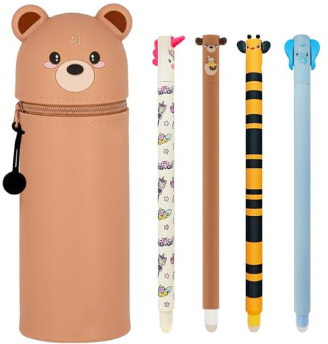 DGTSYAL 2 in 1 Weiche Silikontasche Federmäppchen, 4 Stück Tierisches Kugelschreiber, Kawaii, Tischstifthalter, mäppchen mit 0.5mm löschbaren für Schule Büro Mädchen (4 Radierstift + Bär B)