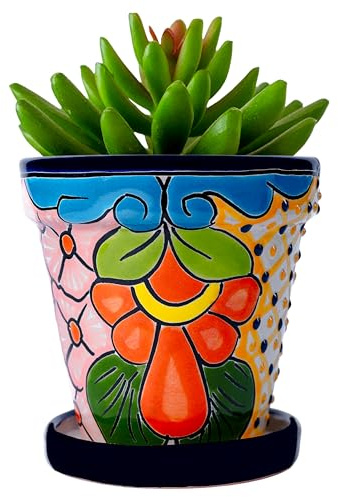 COBAZUL Mexican Pottery Planters - Talavera Planter - Succulent Pots - Ceramic Pots for Plants Indoor & Outdoor with Drainage Hole and Saucer - 4'' W x 4 H (Cobalt Blue-Small)