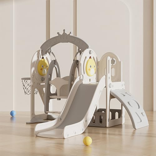 FUKEA Climbing Slide with baby swing, 5 in 1 Toddler Slide with Climbing Frame, Swing, Storage Box, Basketball Hoop, Indoor Outdoor Garden Playground Climbing Theme Baby Slides for Toddlers Age 1-3