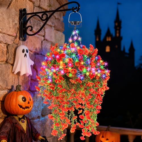 Künstliche Hängend Blumen Korb mit Solarlicht: 10 Zoll mit Solar RGB Hängend künstliche Kunstblumen Wie Echt für Balkon Deko für Halloween, Herbst und Winter für Veranda Garten - Orange
