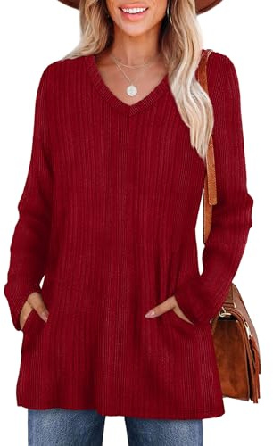 WIHOLL Ladies Jumpers for Womens Long Sleeve Tops V Neck Long Tunic Casual Ladies Tops with Pocket