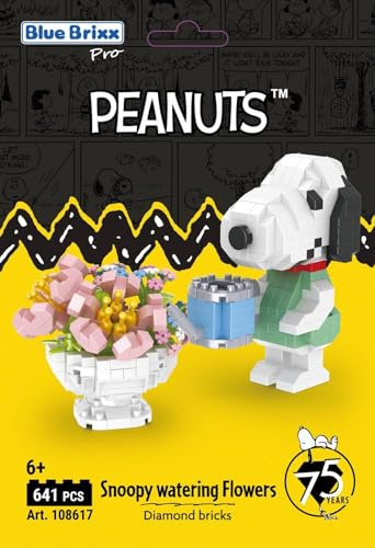 BlueBrixx Pro 108617 – Snoopy gießt Blumen (Diamond Bricks) aus Klemmbausteinen mit 641 Bauelementen
