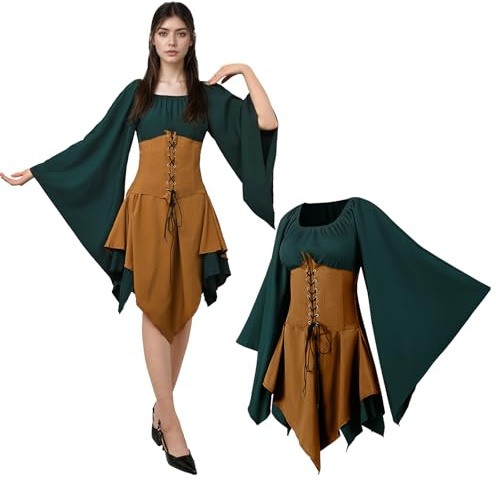 JDFAIJEAL Damen Mittelalter Kleid mit Trompetenärmel,Elfen Gothic Kleid | Für Karneval,Cosplay,St. Patrick's Day,Halloween Party;Traditionelles Retro Design;Irisches Kleid,Renaissance Elfen Kostüm