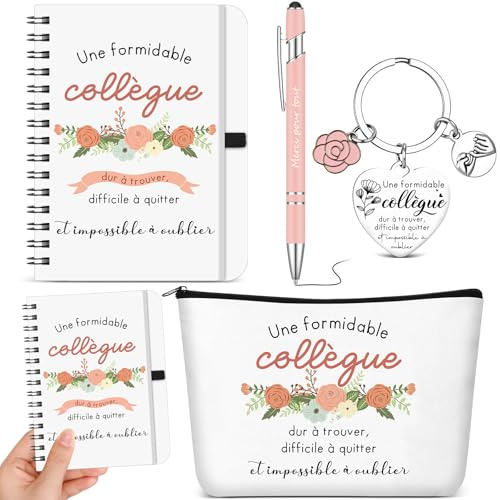 Hestya 4 Pièces Set de Cadeaux pour Collègues de Travail Femme | Carnet A6 Porte-Clés Trousse de Maquillage Stylo à Bille, Cadeau d'Adieu pour Collègue pour Son Anniversaire Noël Retraite