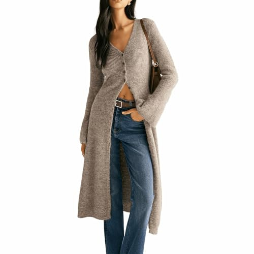 Womens V Neck Button Maxi Cardigan Bell Long Sleeve Open Front Split Breasted Sweater Dress
