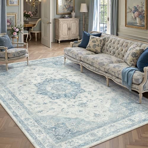 PureCozy Vintage Blau Teppich Wohnzimmer 140x200cm Waschbar | Waschbarer Teppich, Weich Rutschfest, Kurzflor Boho, für Wohnzimmer Schlafzimmer Esszimmer Büro, Großer Teppich