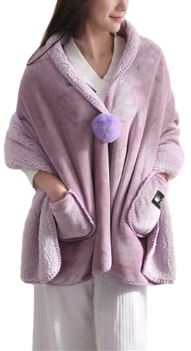 rongweiwang Soft Fleece Button Bed Jacket With Pockets, Long Sleeve Button Down Bed Jacket Cape Poncho Wrap for Women, Cozy Loungewear Overnight Polyester Poncho Blanket