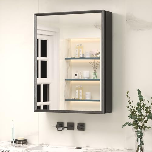Keonjinn Bathroom Mirror Cabinets 51 x 66 cm, Assembly Required, Black Aluminum Frame Mirrored Bathroom Cabinet Wall Mounted with Storage, Adjustable Shelf Wall Cabinet with Mirror, Single Door