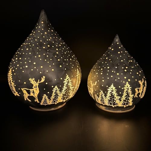 2 Glastropfen im Frosty-Stil mit LED-Lichterkette und Timer - Stimmungslicht Winterwald mit Dauerleuchten oder seichtem Funkeleffekt - Dekoration für Herbst, Winter und Weihnachten (Silber)