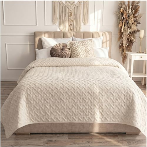 CalmyHOME Tagesdecke 170x220cm Creme Bettüberwurf Bett Überwurf Sofaüberwurf Steppdecke Sofa Decke Überwurfdecke Betthusse XXL Überdecke Gesteppte Tagesdecken gesteppt Quilt Bedspread