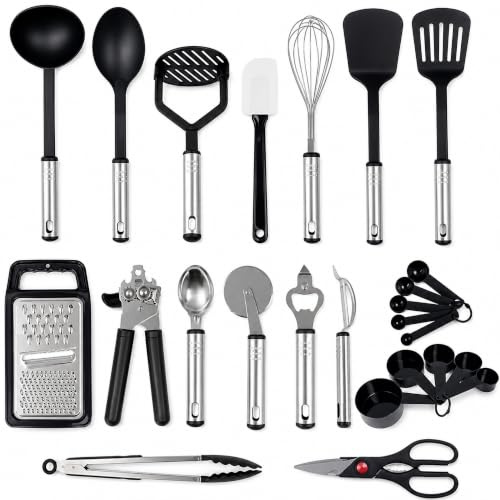EPISENT Kitchen Utensils Set 25 Piece Cooking Utensil Set with Holder | Complete 25-piece kitchen utensil set with stainless steel handles for cooking, baking, serving and everyday kitchen use.
