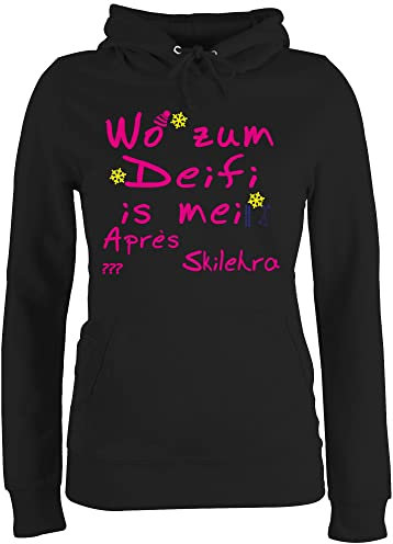 Pullover Damen Hoodie Frauen - Skiurlaub Ski - Wo zum Deifi is mei Apres Skilehra - M - Schwarz - party outfit für skifahren pullis skipullover kapuzenpullover wintersport hoddis oberteil skifahrer