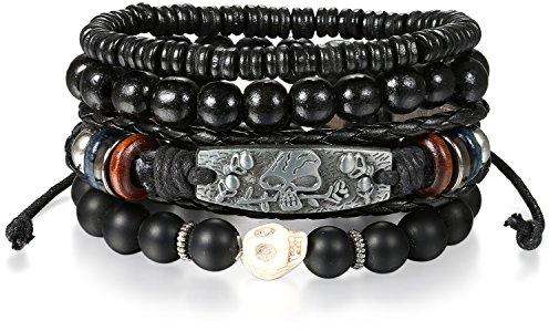 OIDEA Herren Leder Armband Set: 4 Stück Braun Punk Rock Totenkopf Geflochtene Vintage Lederarmband Kugelkette Handgelenk Schädel Skull Legierung Schmuck Geschenk für Männer Vater Freund