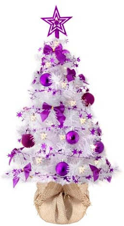 Weihnachtsbaum künstlich (WBD) 60 cm Weiss mit Weihnachtsdeko lila und Led Lichterkette mit Batteriebox und Fernbedienung künstlicher Christbaum klein Tannenbaum