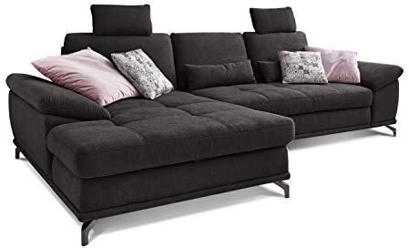 Cavadore L-Form-Sofa Castiel mit Federkern / Großes Schlafsofa mit Bettfunktion, Sitztiefenverstellung, Kopfstützen und XL-Longchair / 312 x 114 x 173 / Webstoff, Schwarz