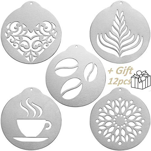 JENNIMER 5Pcs Coffee Stencils, Stainless Steel Printing with 1Pcs 5inch Expander,Barista Cappuccino Arts Garland Mould Cake DIY Decorating Tool for Kitchen and Store