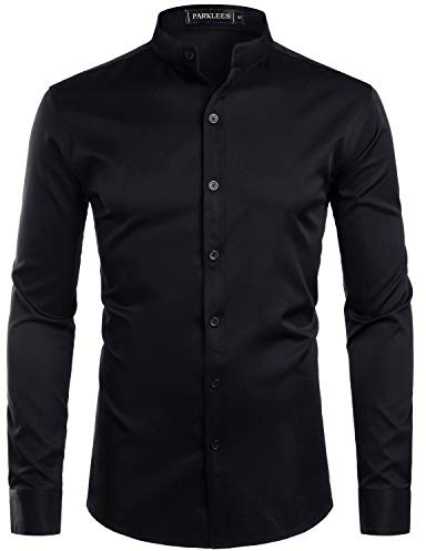 PARKLEES Men's Slim Fit Long Sleeve Button Up Casual Band Collar Shirts Black XXL