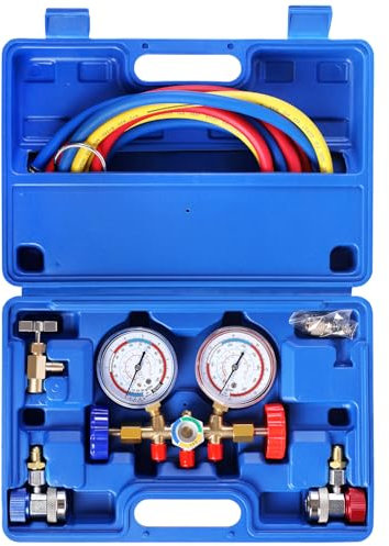 YSTOOL 3 Way AC Manifold Diagnostic Gauge Refrigerant Charging Set for Air Conditioner HVAC R134a R404a R22 R12 Freon with 5FT Hose R134a Adjustable Quick Couplers Can Tap Acme Adapter