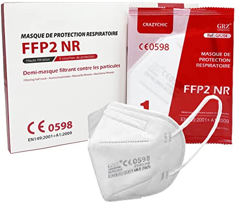 CRAZYCHIC - 10x Masque FFP2 NR Certifié Norme CE EN149 - Masque de Protection Respiratoire - Haute Filtration 5 Couches - Stock France Livraison Rapide - Boîte 10 pièces Blanc