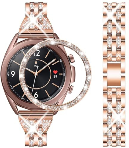 DEALELE Armband Kompatibel mit Samsung Galaxy Watch 3 41mm, 20mm Luxus Diamant Edelstahl Metall Uhrenarmbänder mit Strass Lünette Ring Schutzhülle Ersatz für Damen Herren, Roségold