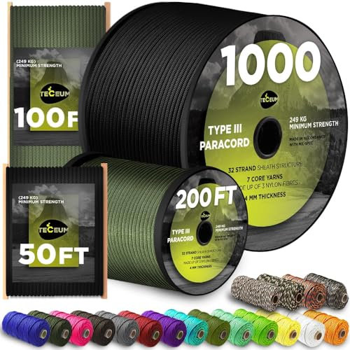 TECEUM Paracord Type III 550 Black – 305 m – 4mm – Tactical Rope MIL-SPEC – Outdoor Para Cord – Camping Hiking Fishing Gear and Equipment – EDC Parachute Cord – Strong Survival Rope (1000 ft) 016
