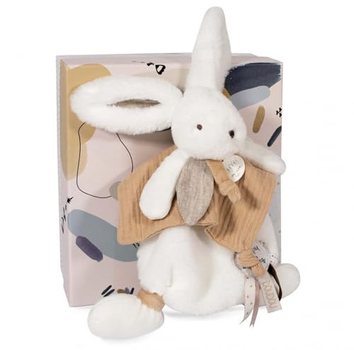 Doudou et Compagnie - Doudou Plat - Lapin Blanc et Beige - Happy Wild - Boite Cadeau - 25 Cm - Idée Cadeau Fille et Garçon - Garantie Doudou Perdu - DC3740