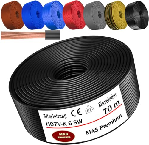 MAS Premium Von 5 bis 100m Aderleitung H07 V-K 6 mm² Schwarz Braun Dunkelblau Grüngelb Grau Rot Orange oder Hellblau Einzelader flexibel (Schwarz, 70m)