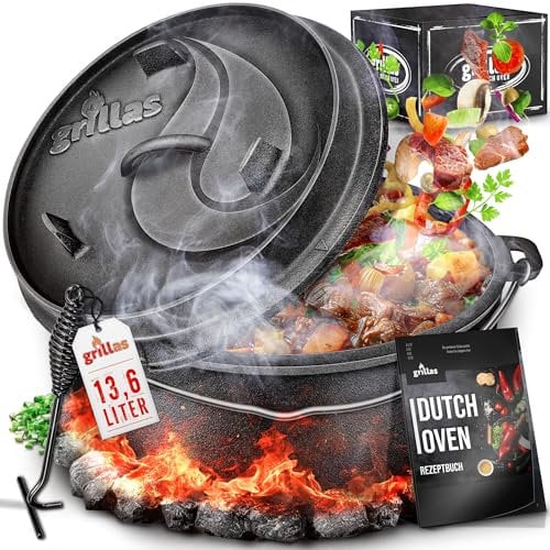 grillas Dutch Oven Set inkl. Rezeptideen | bereits eingebrannt - preseasoned | Feuertopf Gusseisen I Bräter mit Deckelheber und Henkel (Topf ohne Füße, 13,6 Liter / 12 QT)