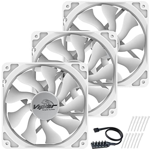 Akasa 120mm Viper White Fan, PWM Case Fan, HDB Long Lifespan Bearing, PWM Splitter Hub and Anti-Vibration Rubber Mounts Included, 3 Pack, AK-FN065-WKT03