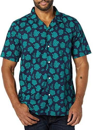 Amazon Essentials Men's Vacation Cotton Resort Shirt, Slim-Fit Short Sleeve, Navy Teal Green Palm Leaf Print, L