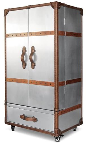 Casa Padrino Luxus Weinschrank Silber/Braun 63 x 52 x H. 130 cm - Aluminium Kofferschrank mit Echtleder - Barschrank im Koffer Design - Luxus Bar Möbel