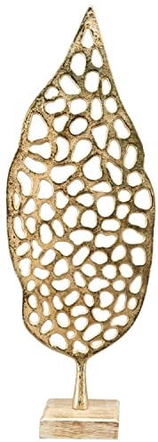 Exner Skulptur Blatt Gold - goldenes Aluminium-Blatt auf Holzsockel - modern Design Dekoblatt 45 cm