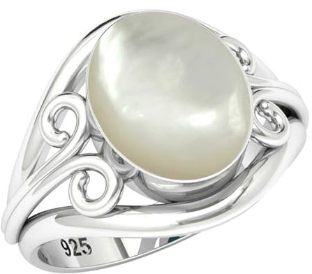 Jeweloporium 925 Silber Ringe für Damen Größe 68(21.6) Weiß Echt Perlmutt mit Stein Solitär Silber Ringe Weihnachten - Geschenk Kostüm Schmuck