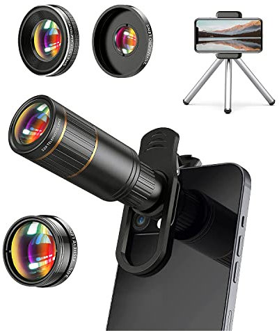 Phone Camera Lens Kit 4 in 1, Kopfus Attachment Cellphone Lens, 22X Telephoto Lens, 205° Fisheye Lens, 4K HD 0.67X Wide Angle Lens, 25X Macro Lens, Compatible with all iPhones and Android Smart phone