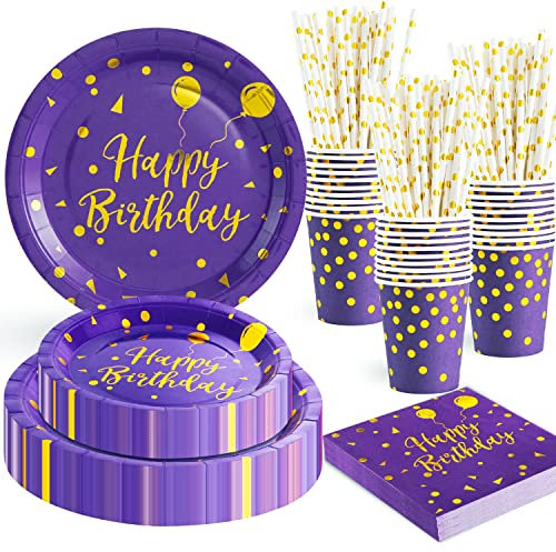 HusDow 120 Stück Pappteller Kindergeburtstag Lila Gold, 24 Gäste Partygeschirr Kindergeburtstag Violett Pappteller Happy Birthday Servietten Papier Strohhalme für Geburtstagsdeko