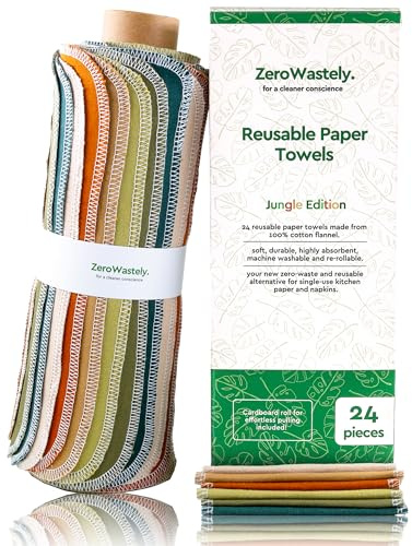 Reusable Paper Towels - Value Pack of 24 Paperless Paper Towels! - 100% Cotton, Super Soft, Absorbent, Washable and Made to Last - Cut Back and Waste Less with Our Cloth Paper Towels! by ZeroWastely