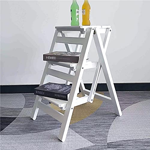Hamankim Weißer Holzleiter-Hocker mit 3 Stufen, tragbar, klappbar, für Zuhause, Küche, Bibliothek, bewegliches Bücherregal, Pflanzenständer, 150 kg Tragfähigkeit