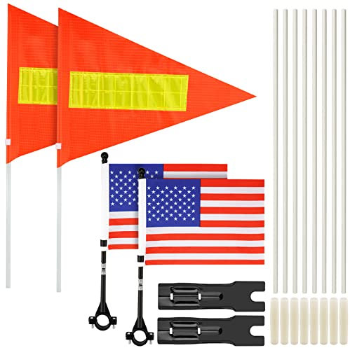 Lot de 2 drapeaux de sécurité avec mât pour vélo avec sangle réfléchissante, hauteur réglable, fibre de verre robuste, résistant à l'eau, drapeau de sécurité pour vélo et guidon de vélo drapeau