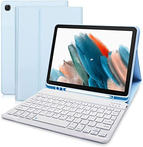 Bueuwe Étui Clavier pour Samsung Galaxy Tab A8 10,5 Pouces Modèle 2022 (SM-X200/X205/X207), Clavier Français AZERTY, Clavier Détachable Magnétiquement Rétroéclairé 7 Couleurs,Bleu