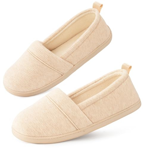 EverFoams Women's Memory Foam Comfort Knit House Shoes Light Weight Terry Cloth Loafer Slippers with Anti-Skid Rubber SoleOatmeal, 8 UK
