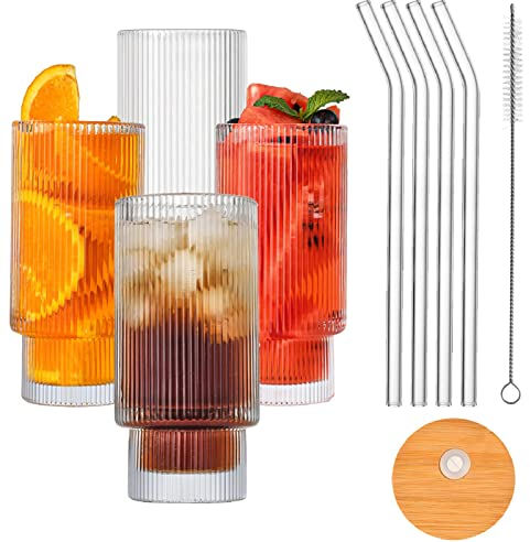 4er Set Cocktailgläser Mit Deckel und Glasstrohhalm, 350ml Trinkgläser Bier Glas Longdrinkglas Eiskaffee Gläser Set, Borosilikatglas Trinkbecher Kaffeeglas Für Säfte, Whisky, Eiskaffee, Soda, Milch