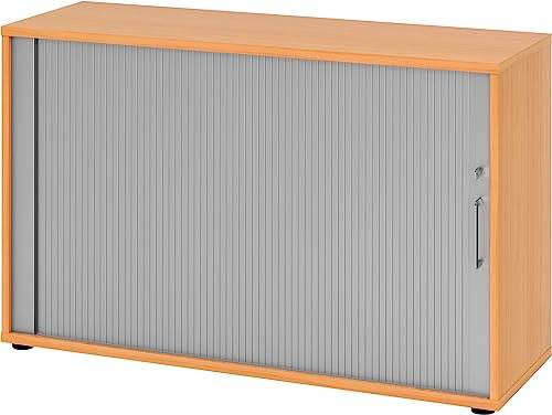 bümö Aktenschrank abschließbar mit Rollladen, Rollladenschrank für Ordner & Co. - Büroschrank mit Rollo, abschließbarer Ordnerschrank aus Holz in Buche/Silber mit Bügelgriff