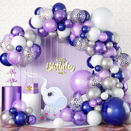 Togvu Balloon Arch Garland Kit, 101 Pcs Pearl Metallic Silver Confetti Balloon Garland Kit for Girls Women Birthday Baby Shower Wedding Party Decorations, Purple Blue Silver (QQ-51590)