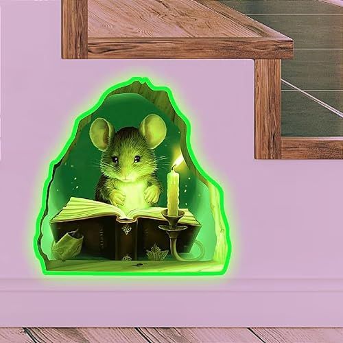 HGDESIGN® Wandtattoo Leuchtend Wandaufkleber Leuchtsticker Maus Liest Buch Maus Loch Kinderzimmer Babyzimmer Kind Baby Junge Mädchen Wandsticker Wandbild Wanddeko (B)