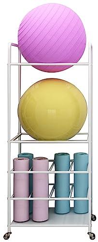 Yoga-Mattenständer Yogamattenhalter Floor Yoga Ball Storage Stand, Gyms HomeExercise Ball Holder mit Rad, für Schaumstoff-Rolle Yoga-Matte große Kapazität Rolling Yoga Ball Rack ( Color : White )