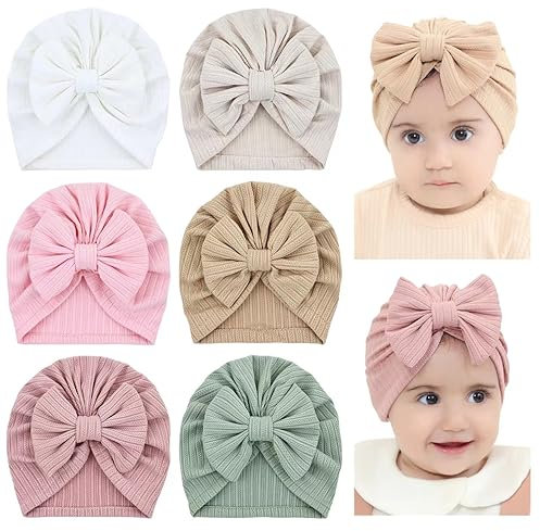 Cinaci 6 sombreros de turbante para bebé con lazo y nudo de rosquilla, para guardería, hospital, gorros para bebés, niñas, recién nacidos, bebés pequeños, 6pcs S3, 0-24 meses